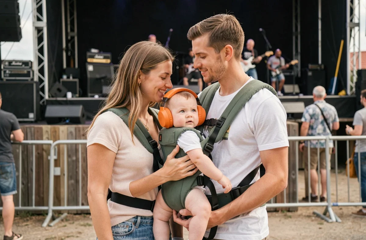 Couple avec bébé en porte-bébé ventral portant un casque anti-bruit lors d'un concert en plein air