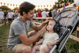 Parent installant un casque anti-bruit sur son bébé en poussette lors d'un festival en plein air