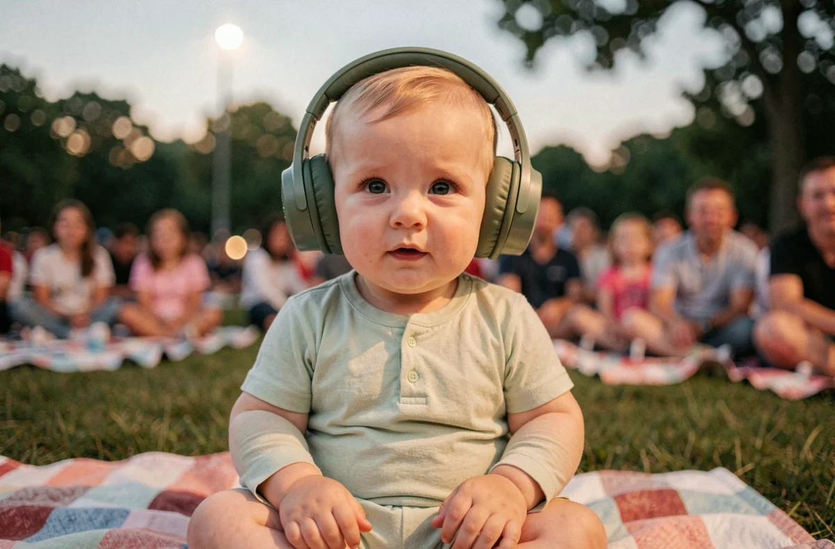Bébé portant un casque anti-bruit lors d'un feu d'artifice familial dans un parc