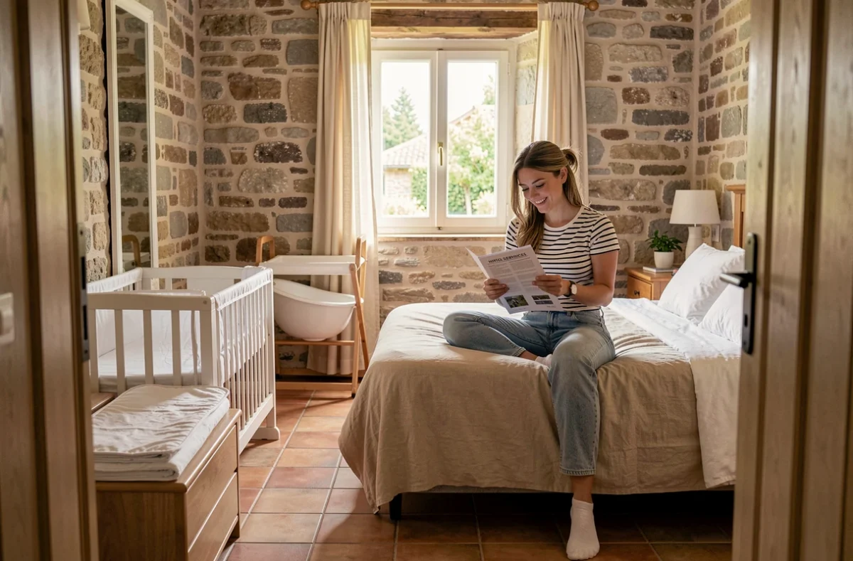 Chambre d'hôtel familiale en France aménagée pour un bébé avec lit parapluie, table à langer et baignoire bébé