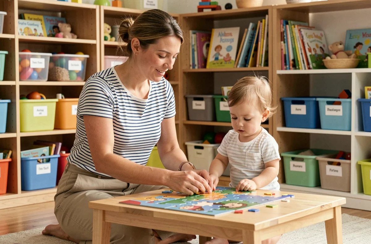 L'assistante maternelle agréée Charru à Angers réalisant un puzzle avec un jeune enfant dans une salle de jeux organisée