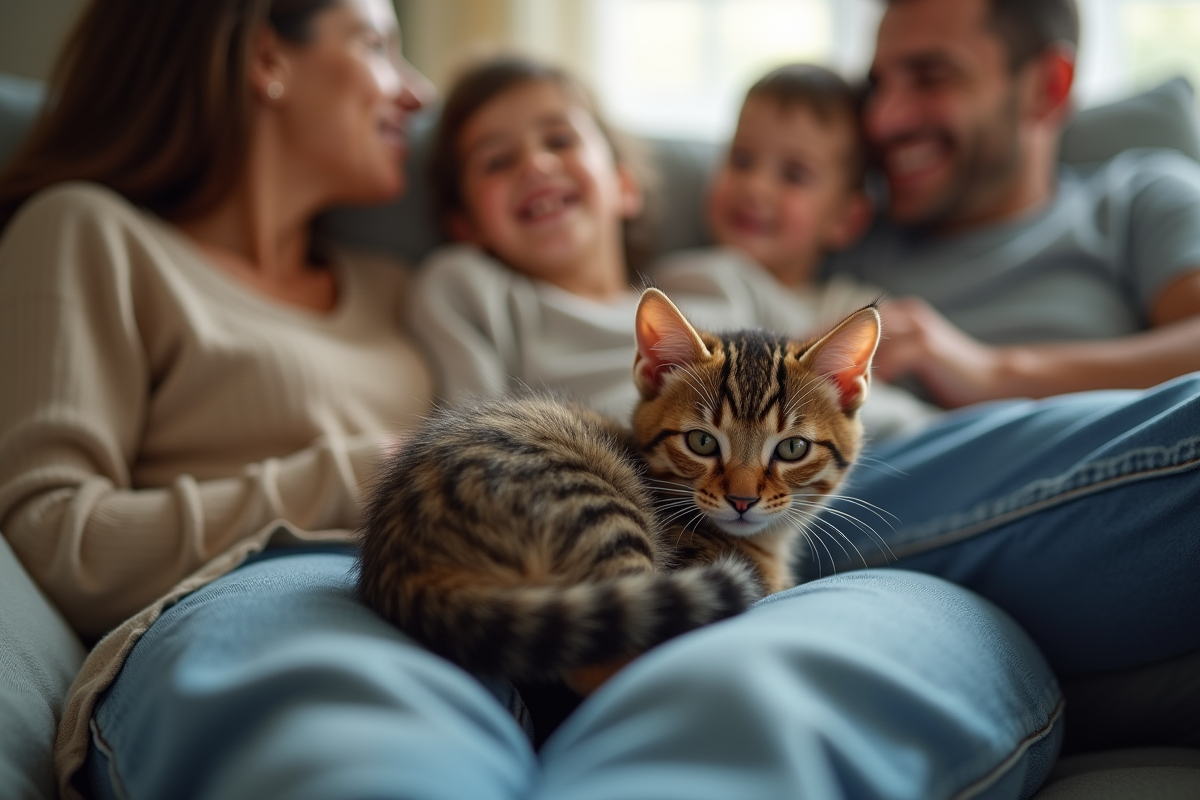 Chaton tigré sur genoux d’un enfant en famille cosy
