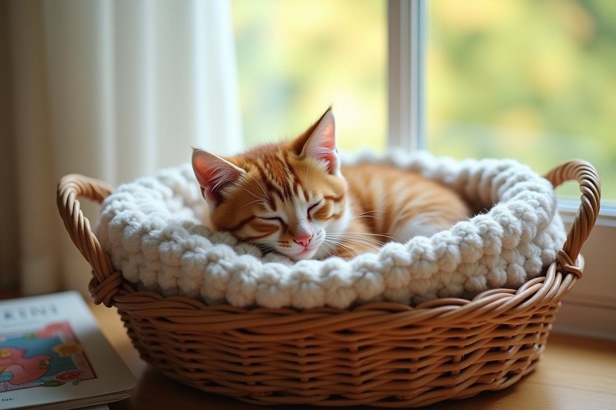 Chaton tricolore dormant dans un panier près d
