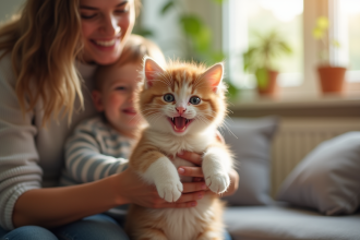 Chaton tricolore tenu par une famille dans un salon lumineux