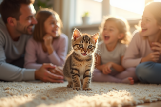 Chaton tigré joueur avec famille dans salon lumineux