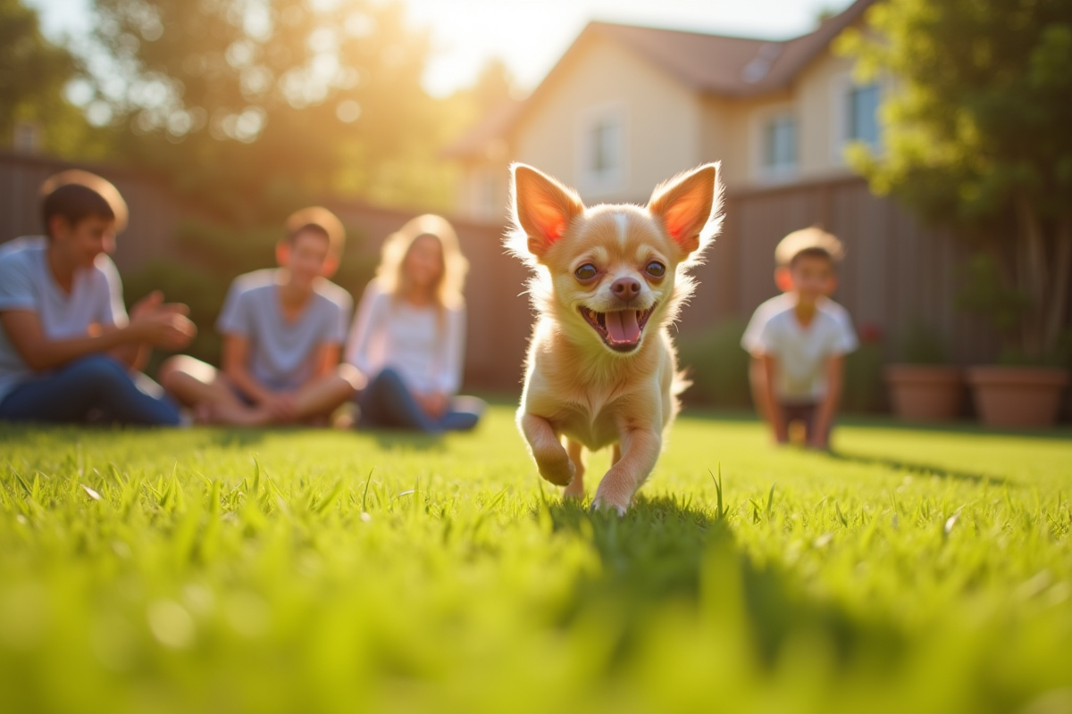 Chihuahua joueur courant dans un jardin ensoleille