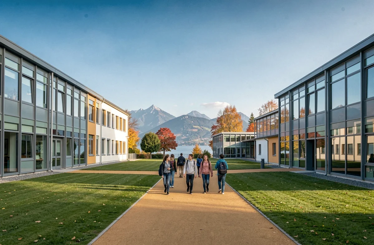 Campus du collège et lycée Les 3 Vallées à Thonon-les-Bains avec vue sur le lac Léman en arrière-plan