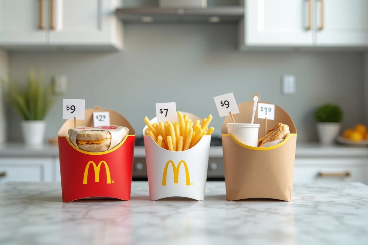 Comparaison de menus enfants McDonald's Burger King et concurrent posés sur un comptoir avec étiquettes de prix