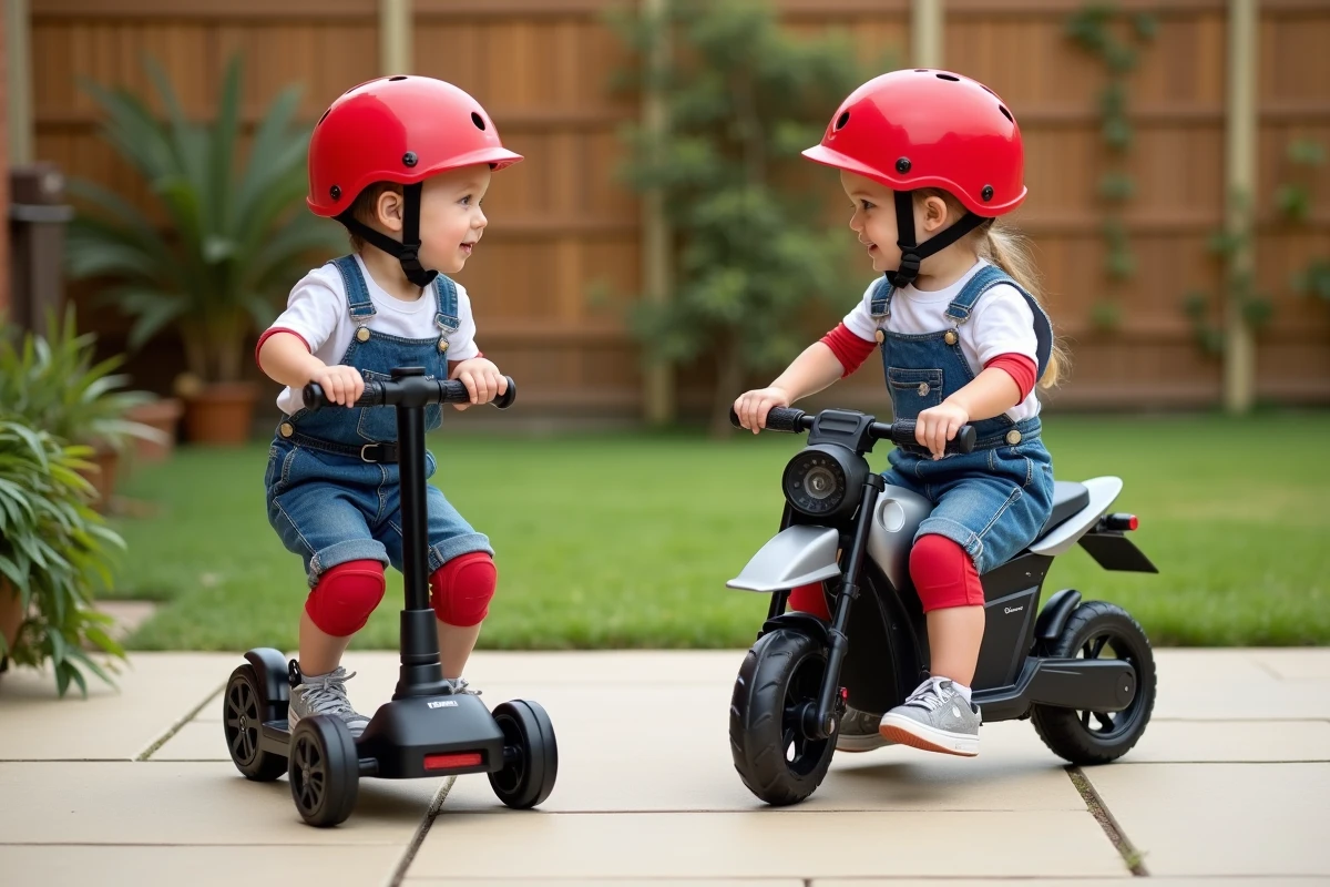 Deux enfants en casque rouge comparant un scooter électrique et une moto enfant dans un jardin