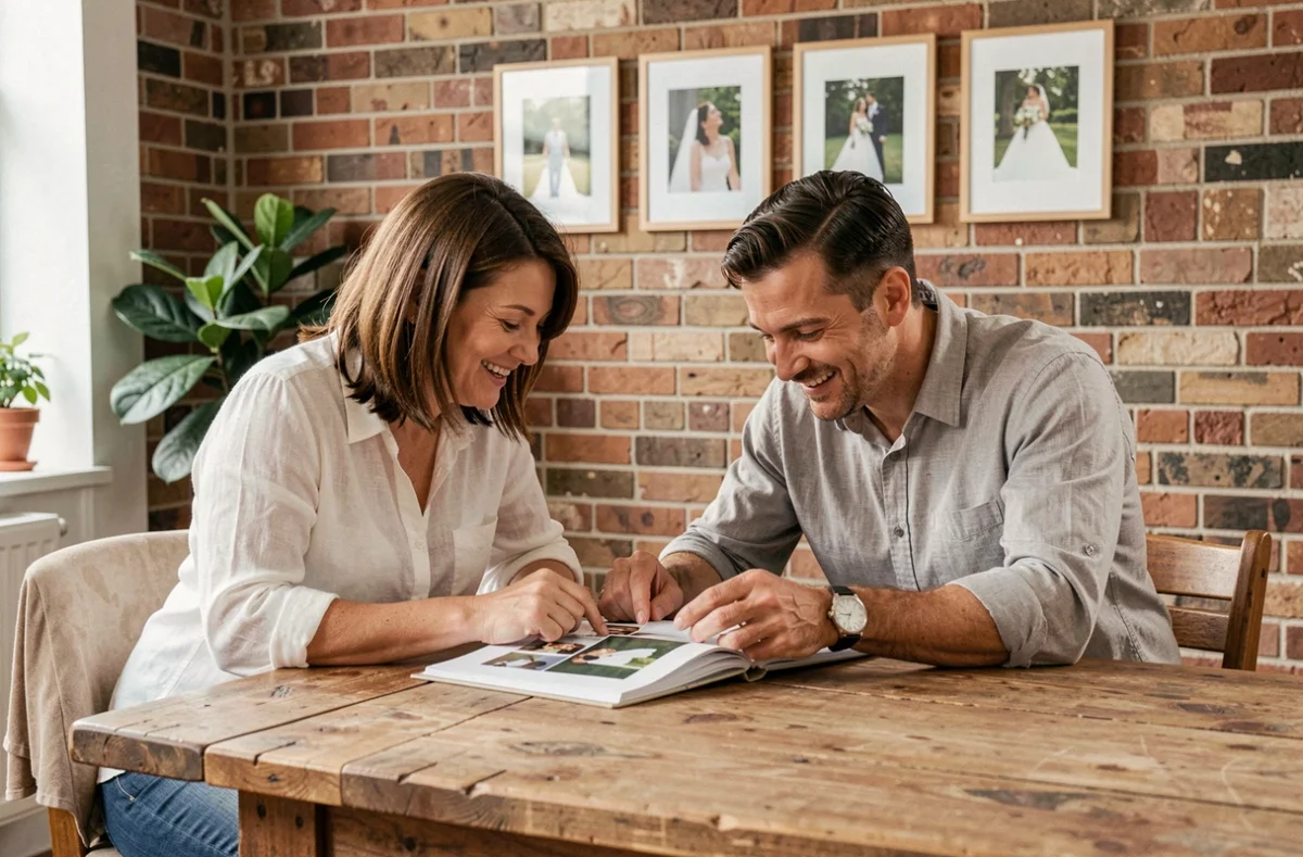 Couple en réunion de consultation avec une photographe de mariage dans un studio en Moselle