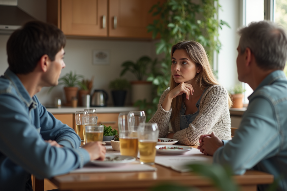 Jeune femme discutant avec ses parents dans la cuisine