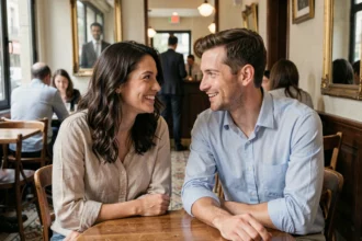 Couple célébrité assis ensemble dans un café parisien, partageant un moment complice et détendu