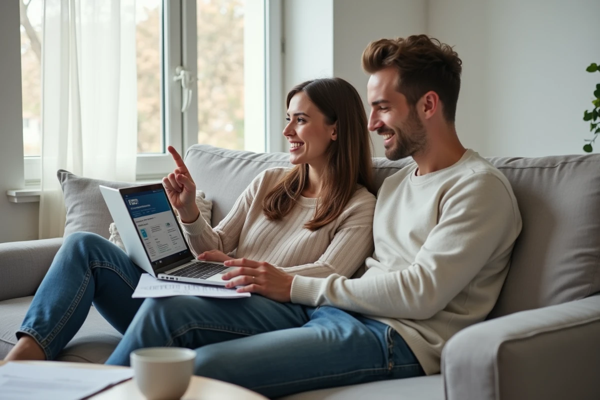 Couple consultant le site de la CAF en ligne pour effectuer un changement d'adresse et de caisse
