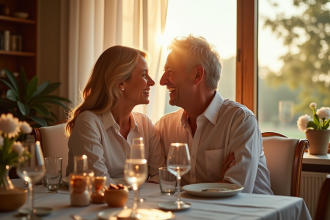Couple dans la cinquantaine lors d'un dîner élégant à la maison