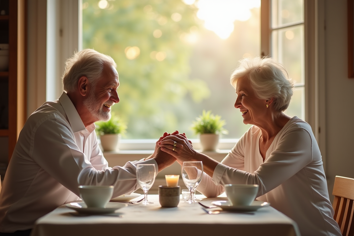 Couple agee souriant lors d un diner elegant