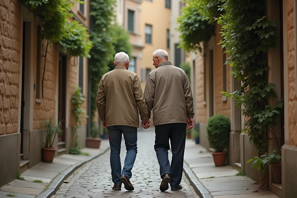 Couple discret se promenant dans une rue pavée préservant leur intimité