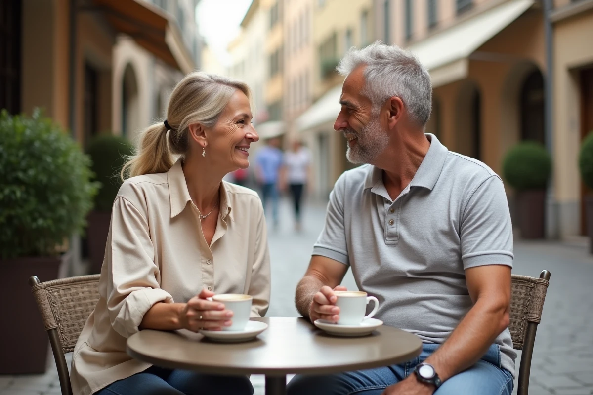 Couple élégant partageant un café en terrasse à Paris, symbolisant l'équilibre entre vie personnelle et professionnelle