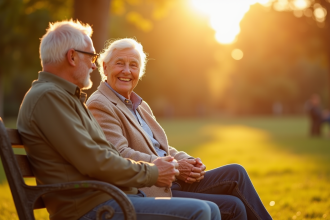 Couple âgé riant main dans la main dans un parc ensoleillé