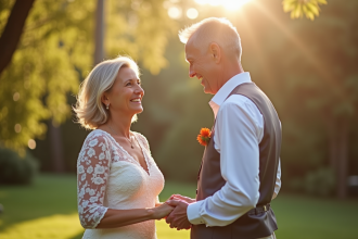 Couple mature heureux échangeant leurs vœux en plein air
