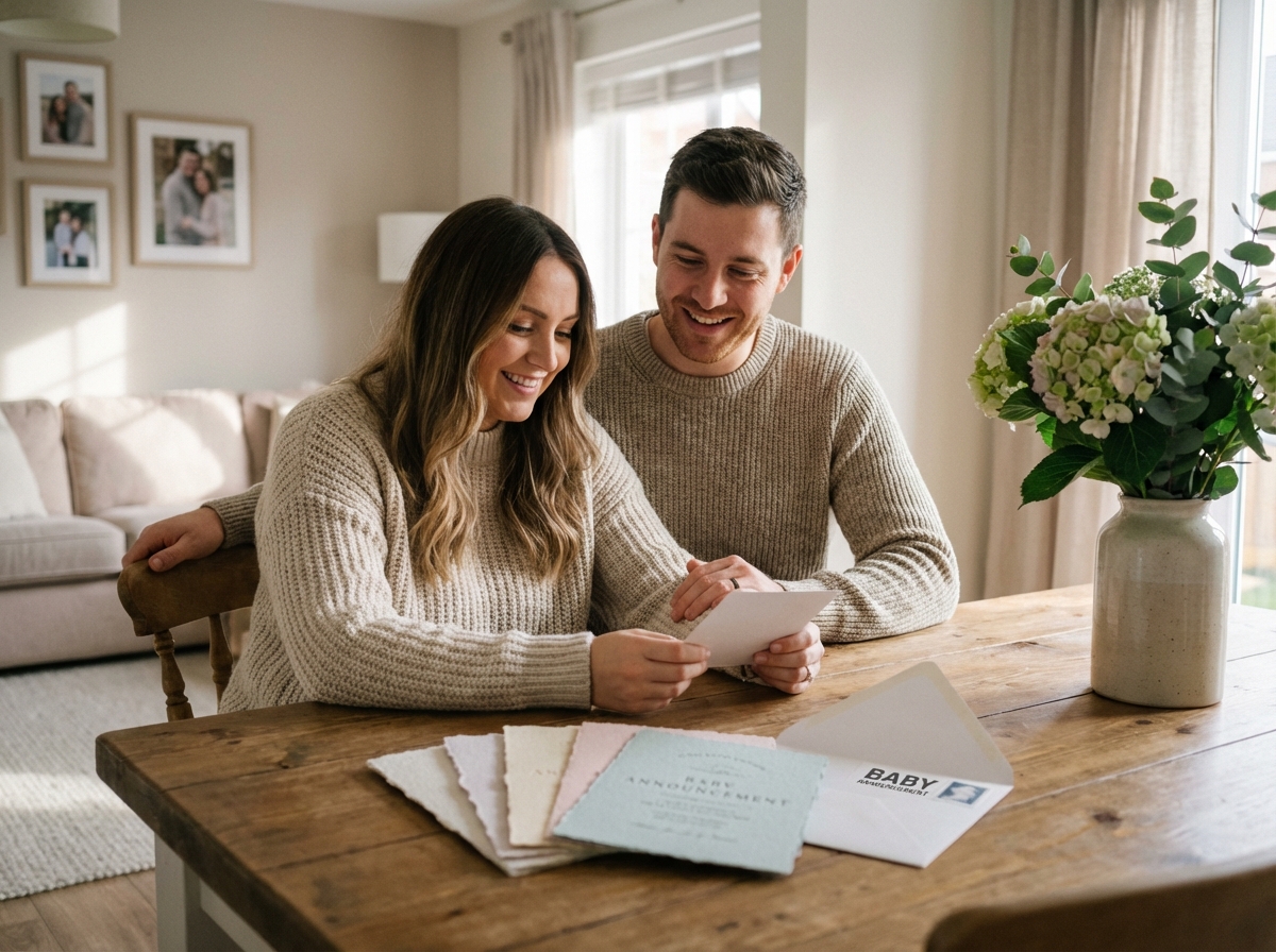 Jeune couple souriant avec cartes de naissance pastel
