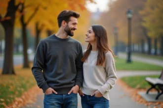 Un couple souriant dans un parc en automne