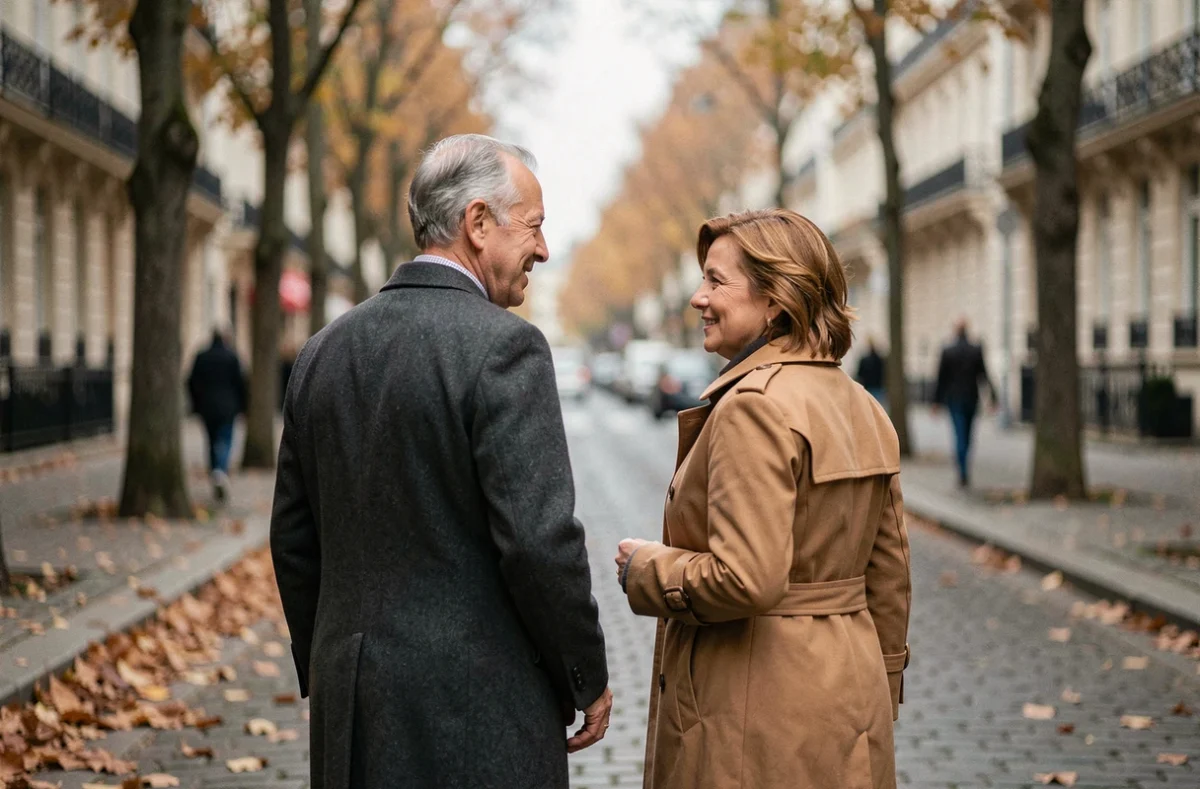 Couple élégant marchant côte à côte sur un boulevard parisien en automne, complicité naturelle et tendresse dans leur relation