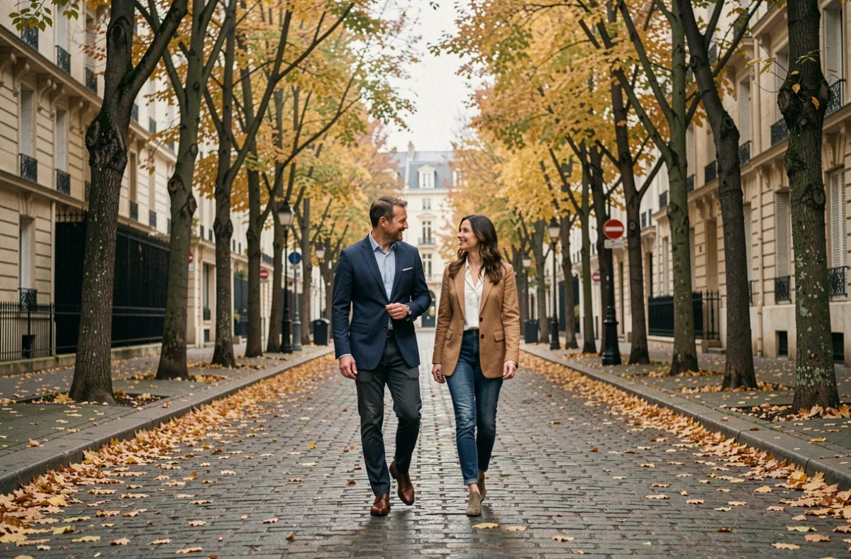 Couple élégant se promenant dans une rue parisienne pavée en automne avec des feuilles dorées au sol