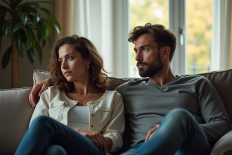Couple assis sur un canapé dans le salon en réflexion