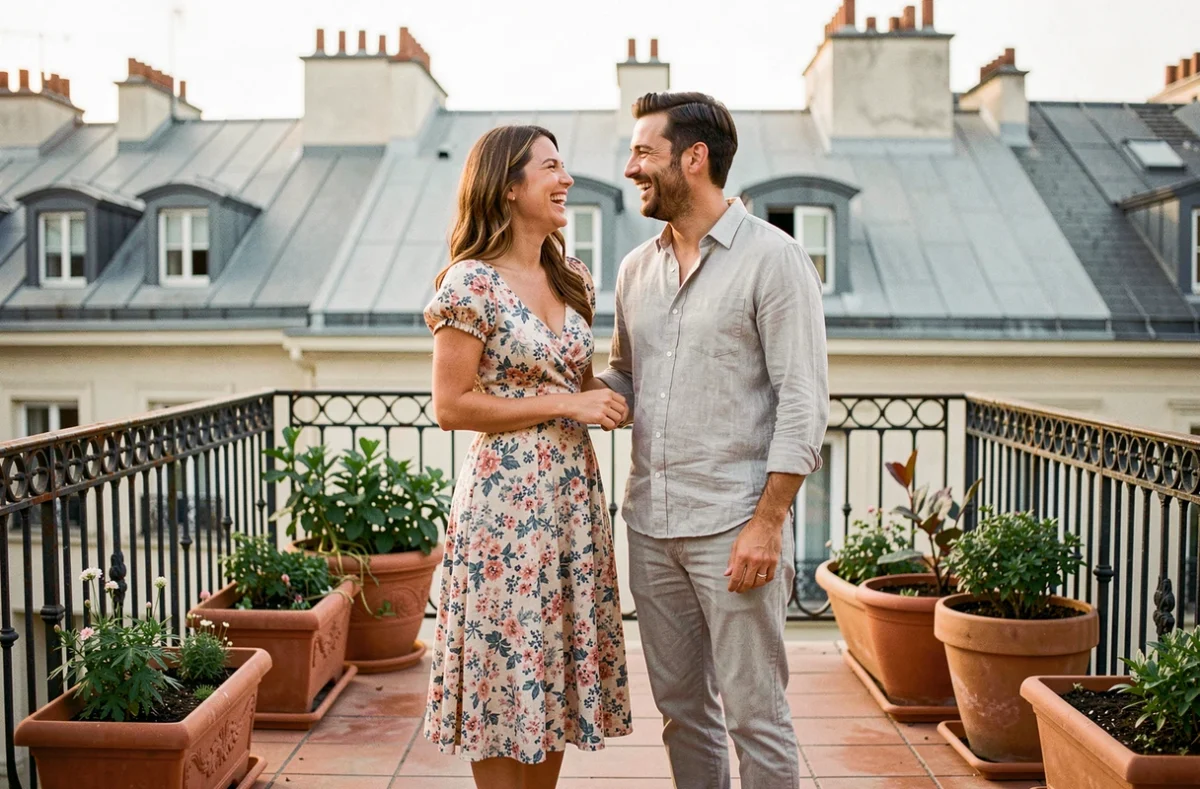 Couple souriant sur une terrasse parisienne, illustrant la gestion de la vie privée et de la notoriété en couple