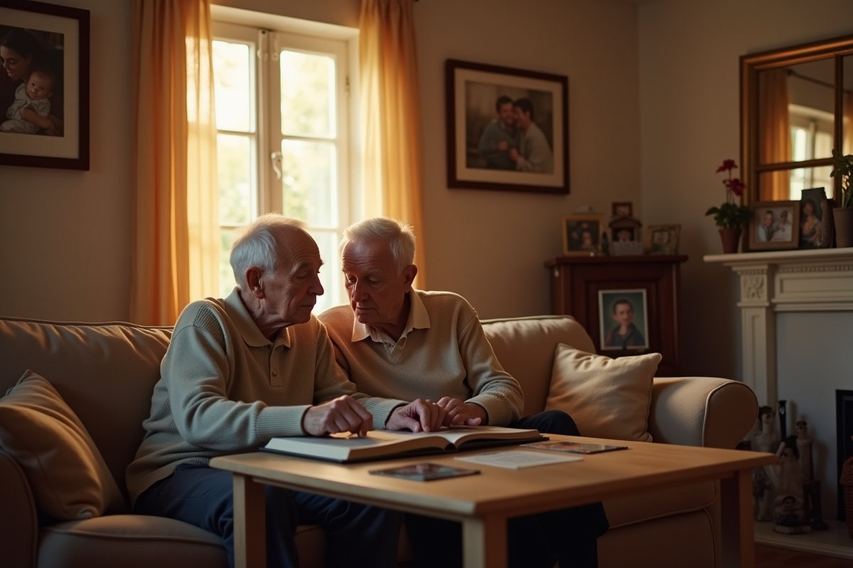 Vieux couple regardant des albums photo dans un salon chaleureux