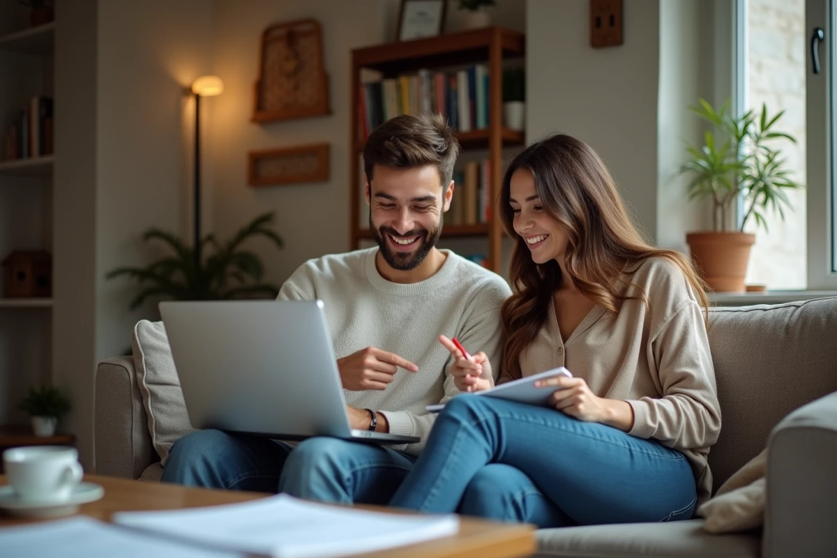 Couple vérifiant ensemble leurs droits au logement CAF sur un ordinateur portable dans leur appartement