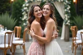Deux cousines s'embrassant avec joie lors d'une réception de mariage en plein air, robe de mariée en dentelle ivoire et robe de demoiselle d'honneur rose poudré