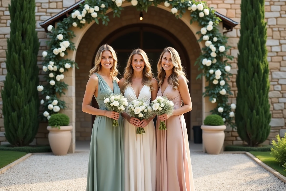 Trois cousines souriantes posant ensemble devant une chapelle en pierre décorée lors d'un mariage champêtre, robes pastel assortis et bouquets de fleurs blanches