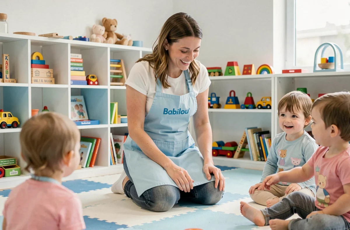 Éducatrice Babilou en tablier bleu jouant avec des tout-petits dans une salle de jeux moderne et colorée