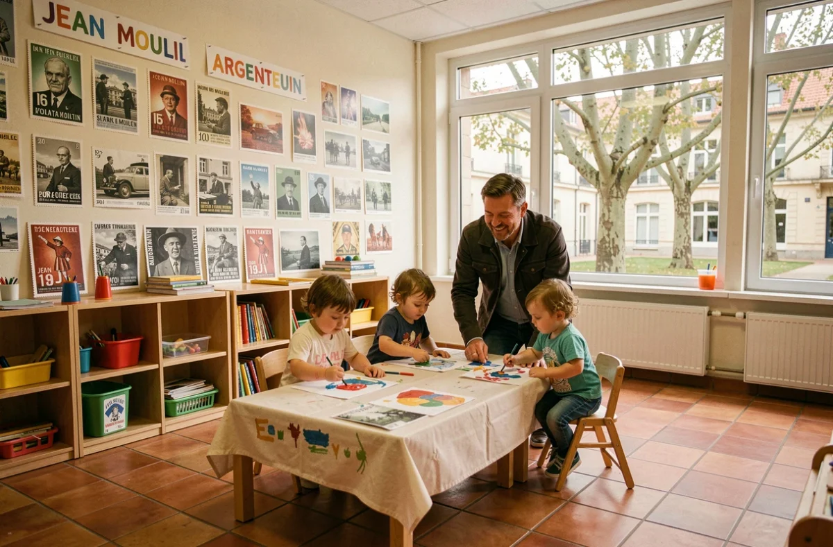 Éducateur de la crèche municipale Jean Moulin à Argenteuil supervisant un atelier peinture avec des enfants