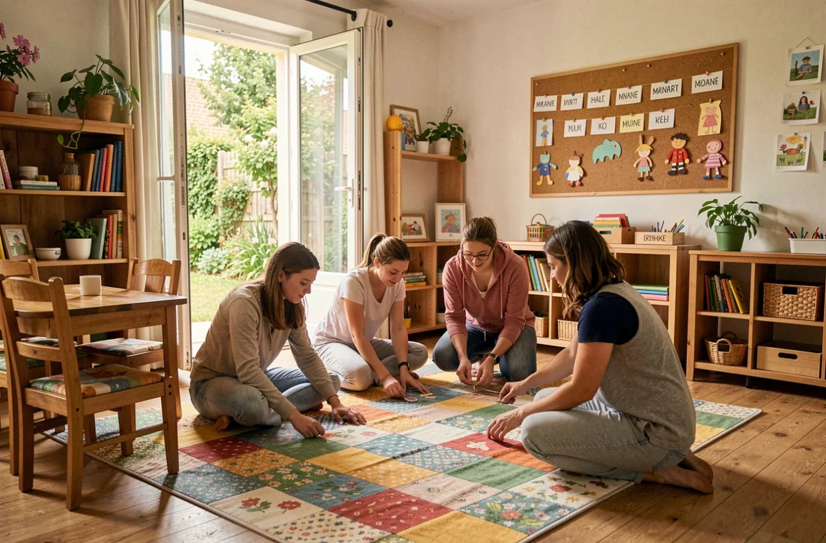 Parents et éducatrice de la crèche parentale Les Petits Pas à Ermont participant ensemble à une activité matinale