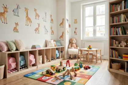 Intérieur d'une crèche parisienne colorée et accueillante avec des jouets en bois et du mobilier adapté aux tout-petits