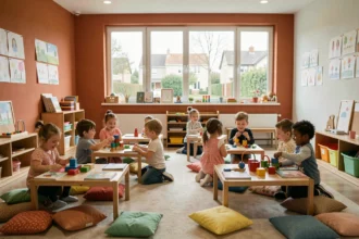 Salle de jeux d'une crèche moderne dans le Val-d'Oise avec des enfants en bas âge jouant autour de tables colorées