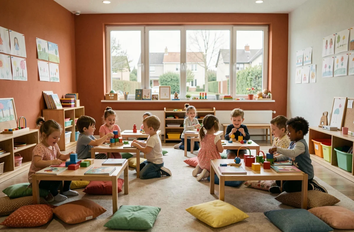 Salle de jeux d'une crèche moderne dans le Val-d'Oise avec des enfants en bas âge jouant autour de tables colorées