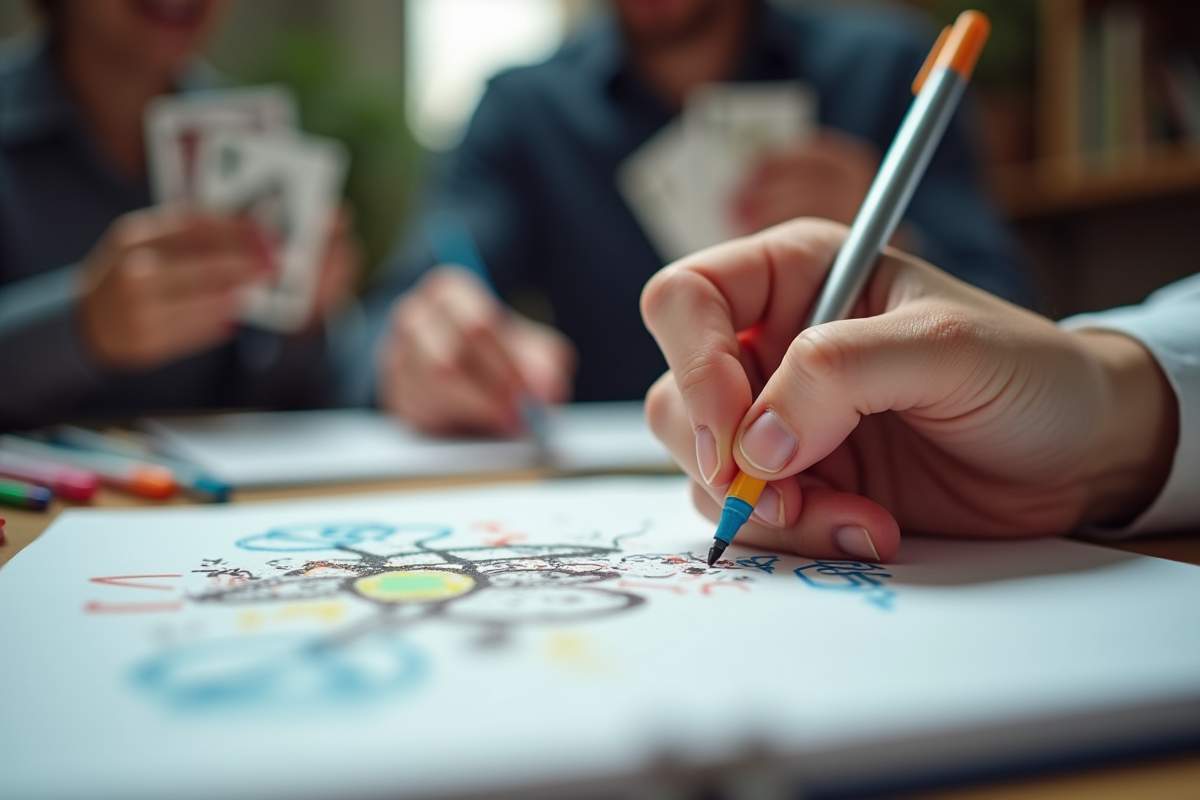Main dessinant avec des marqueurs colorés sur un carnet