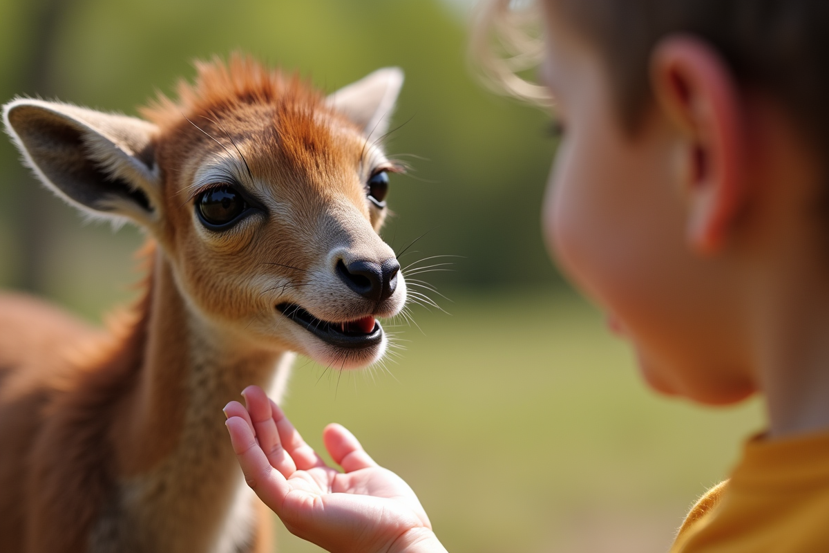 Daman touchant doucement la main d’un enfant curieux en extérieur