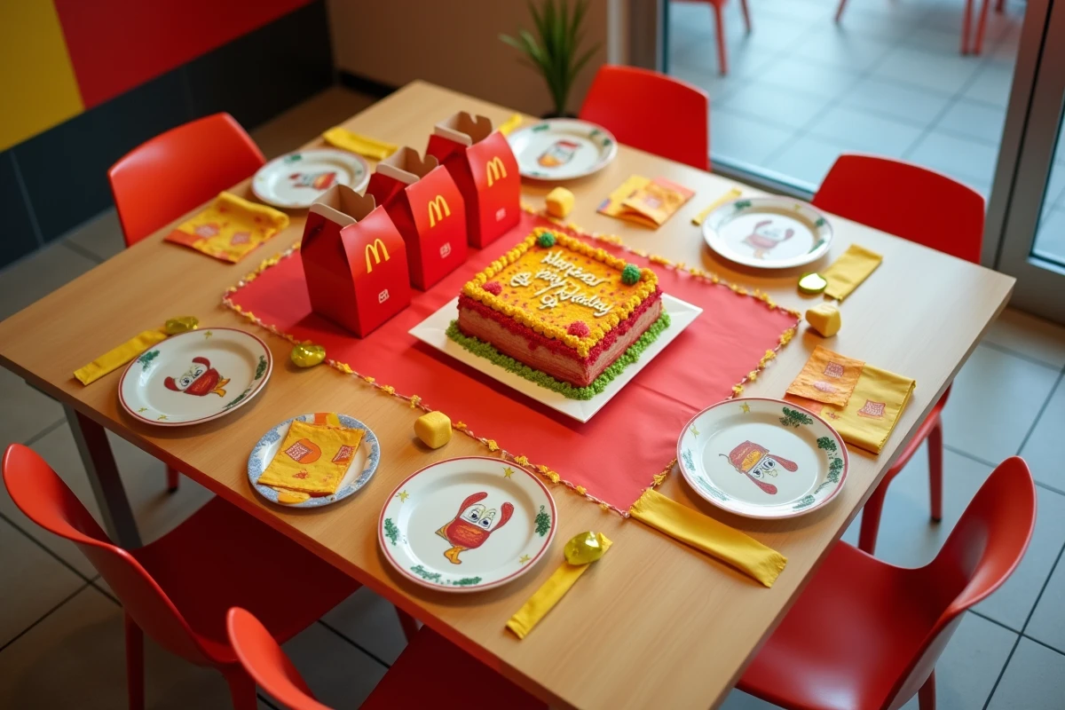 Table d'anniversaire McDonald's décorée avec des Happy Meals, un gâteau thématique, des assiettes colorées et des ballons