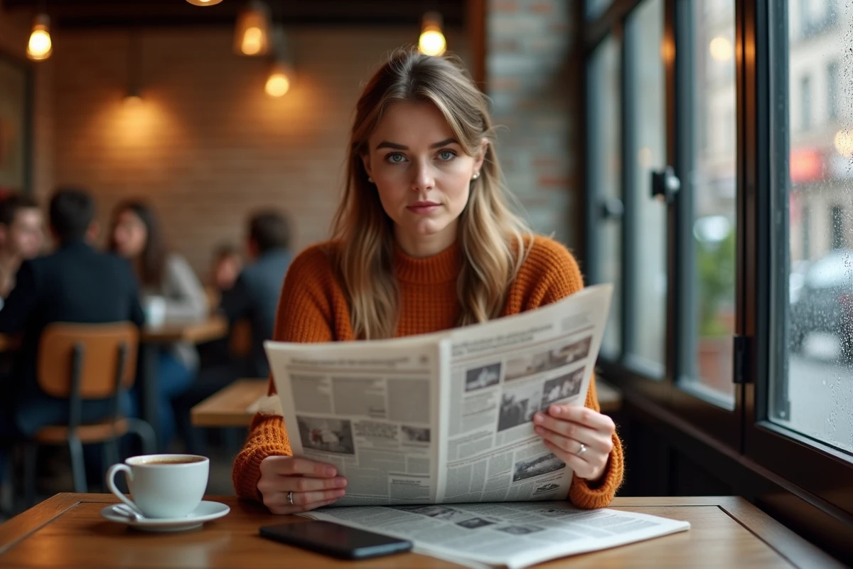 Femme réfléchissant à des informations médiatiques avec journal et smartphone dans un café urbain chaleureux