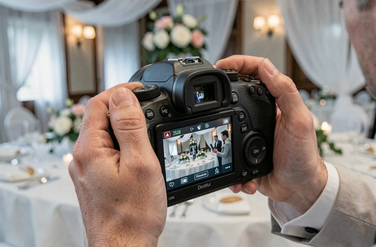 Gros plan sur les mains d'un photographe de mariage en Moselle vérifiant ses photos sur son appareil reflex