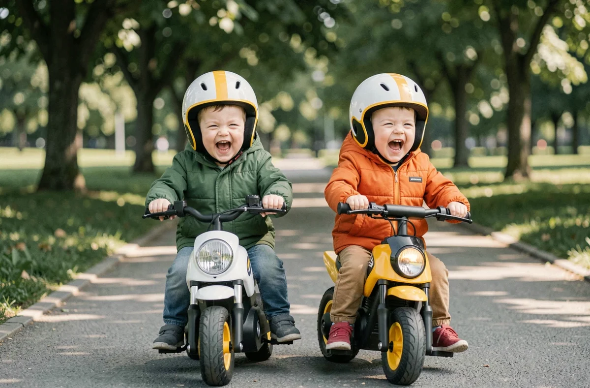 Deux enfants de 2 ans avec casques de sécurité roulant sur des motos électriques dans un parc, comparaison bruit et autonomie