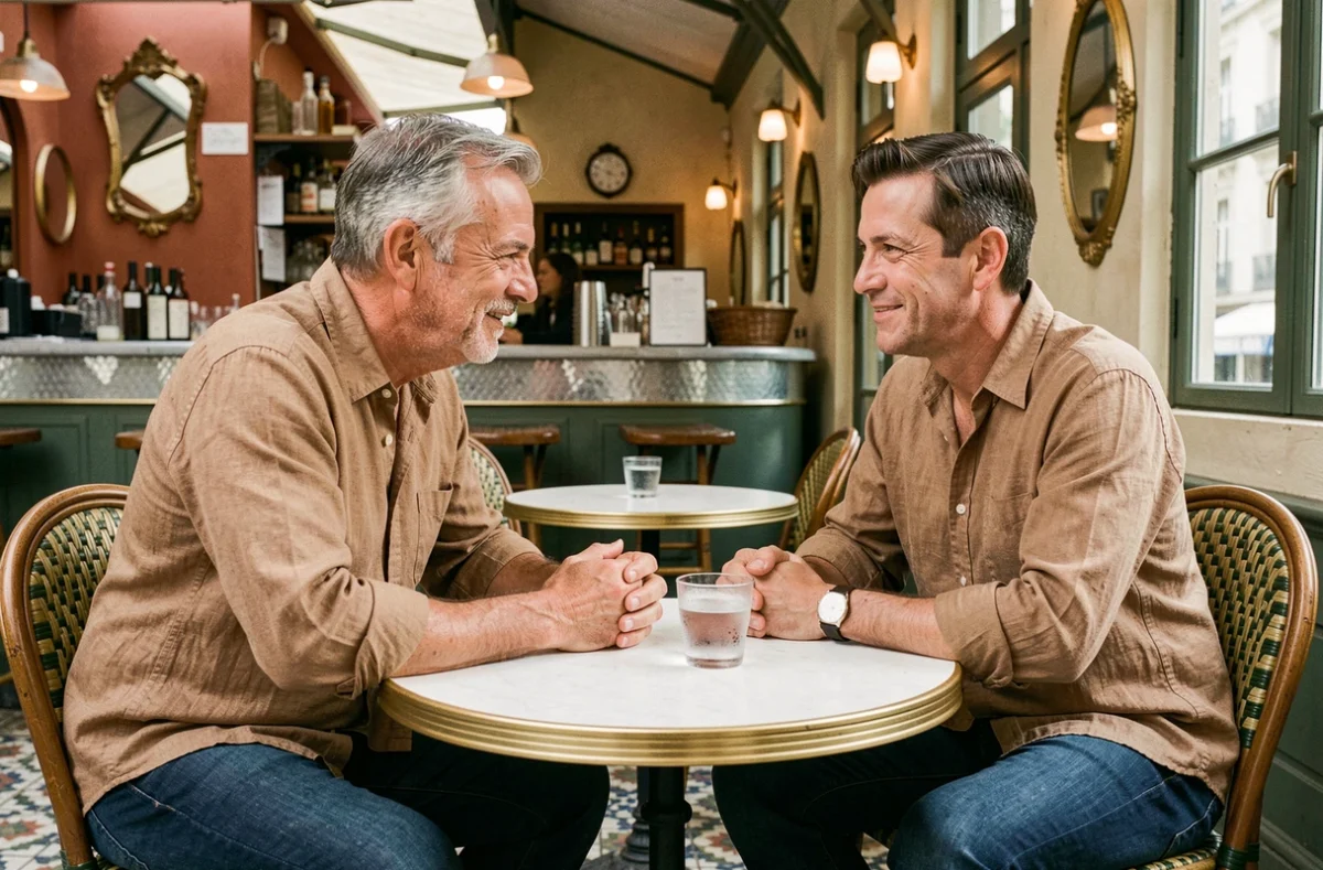Deux hommes en conversation dans un bistrot parisien, symbolisant la fratrie et le lien familial entre Pierre et Raphaël Haroche