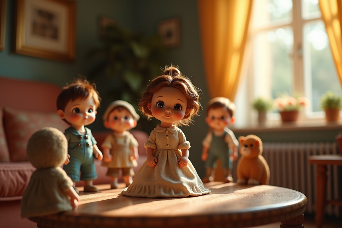 Diorama avec figurines de personnages de contes dans un salon chaleureux