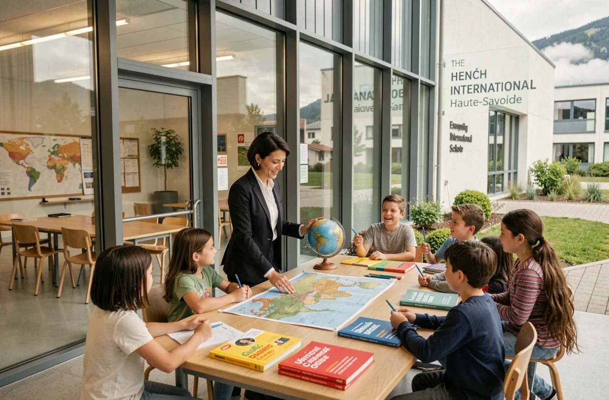 Classe bilingue de l'EBIHS avec une enseignante guidant des élèves autour d'une table de travail collaborative