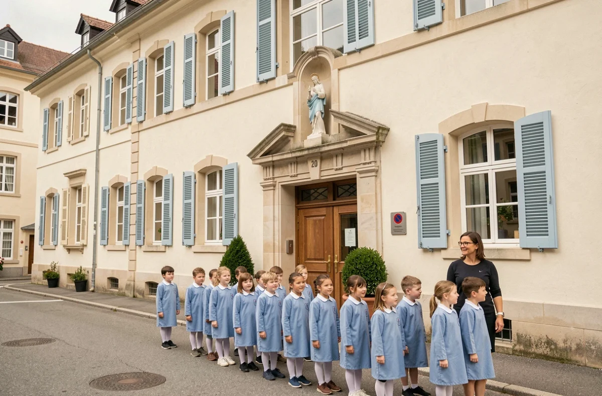 Façade de l'école Sainte-Anne à Annecy avec des jeunes élèves en blouse bleue alignés dans la cour accompagnés d'une enseignante