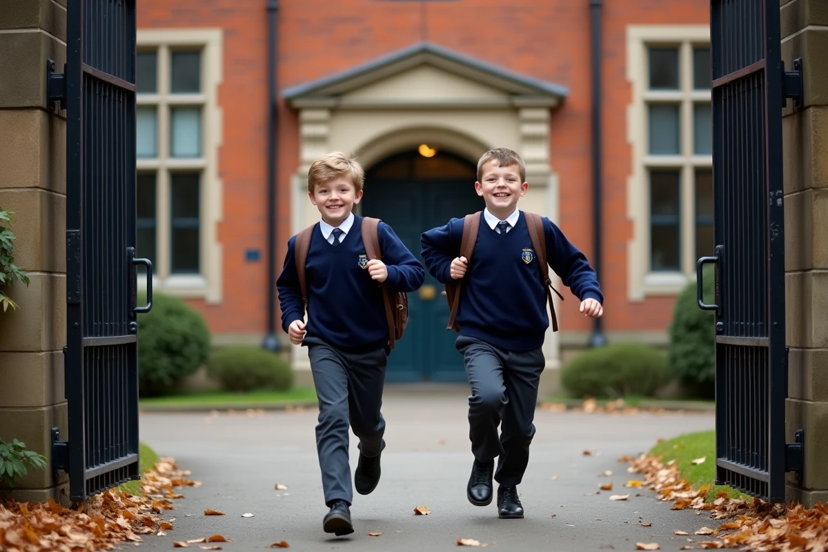 Deux écoliers britanniques en uniforme sortant joyeusement de leur école anglaise pour les vacances de demi-trimestre 2026